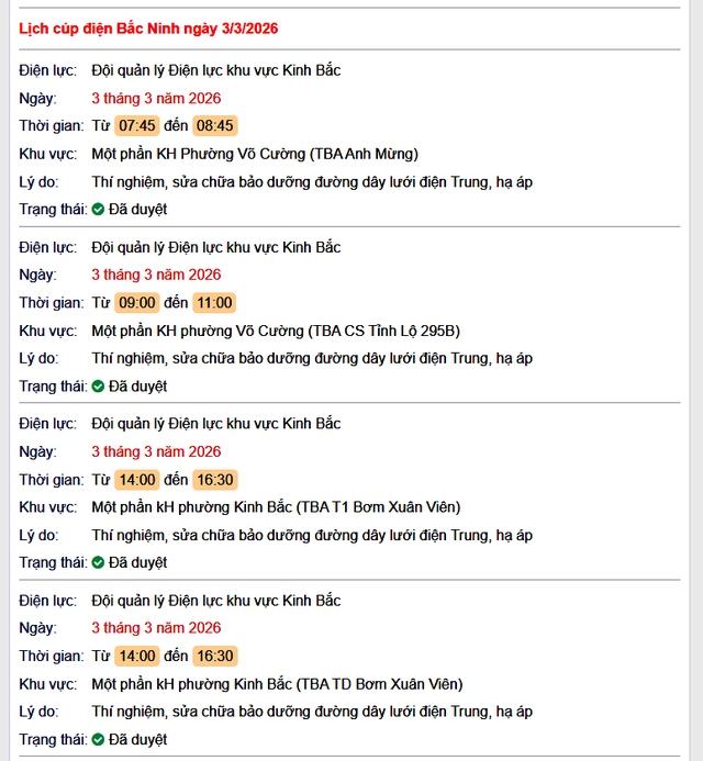Tra cứu lịch cắt điện Bắc Ninh hôm nay Thứ 3 ngày 3/3/2026- Ảnh 1.