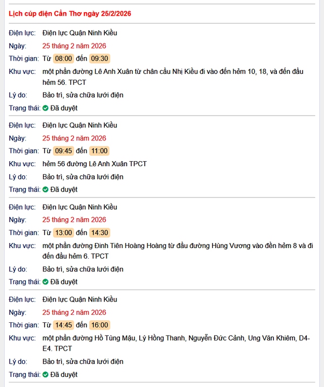 Tra cứu lịch cúp điện Cần Thơ hôm nay Thứ 4 ngày 25/2/2026- Ảnh 1.