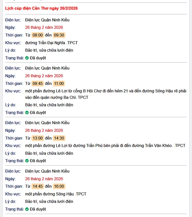 Tra cứu lịch cúp điện Cần Thơ hôm nay Thứ 5 ngày 26/2/2026- Ảnh 1. Tra cứu lịch cúp điện Cần Thơ hôm nay Thứ 5 ngày 26/2/2026- Ảnh 1.