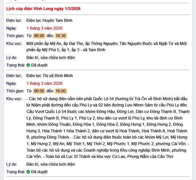 Tra cứu lịch cúp điện Vĩnh Long hôm nay Chủ Nhật ngày 1/3/2026- Ảnh 1.