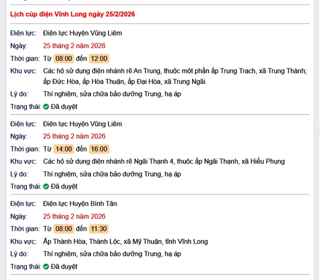 Tra cứu lịch cúp điện Vĩnh Long hôm nay Thứ 4 ngày 25/2/2026- Ảnh 1.