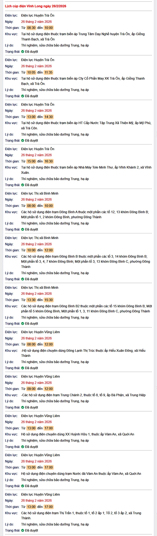 Tra cứu lịch cúp điện Vĩnh Long hôm nay Thứ 5 ngày 26/2/2026- Ảnh 1.