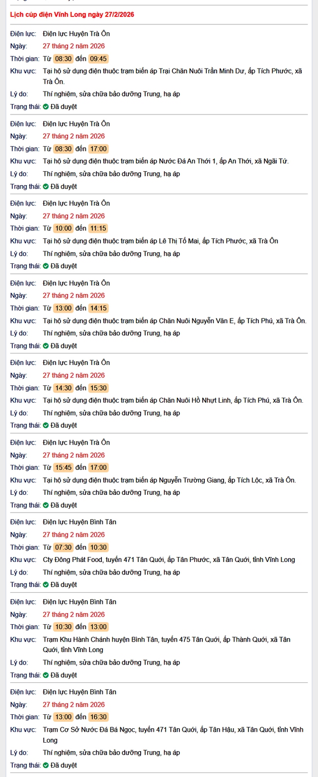 Tra cứu lịch cúp điện Vĩnh Long hôm nay Thứ 6 ngày 27/2/2026- Ảnh 1. Tra cứu lịch cúp điện Vĩnh Long hôm nay Thứ 6 ngày 27/2/2026- Ảnh 1.