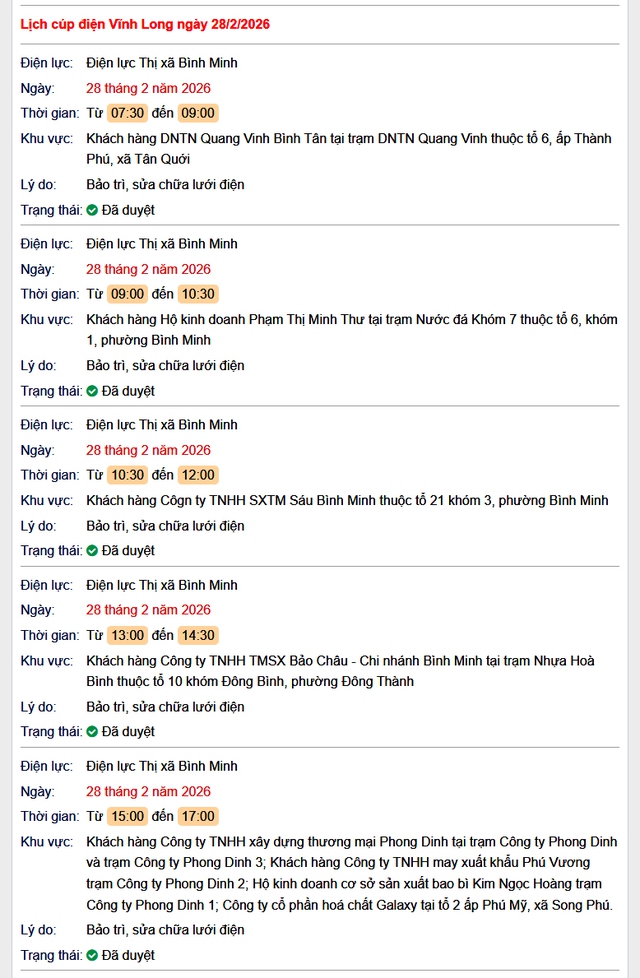 Tra cứu lịch cúp điện Vĩnh Long hôm nay Thứ 7 ngày 28/2/2026- Ảnh 1.