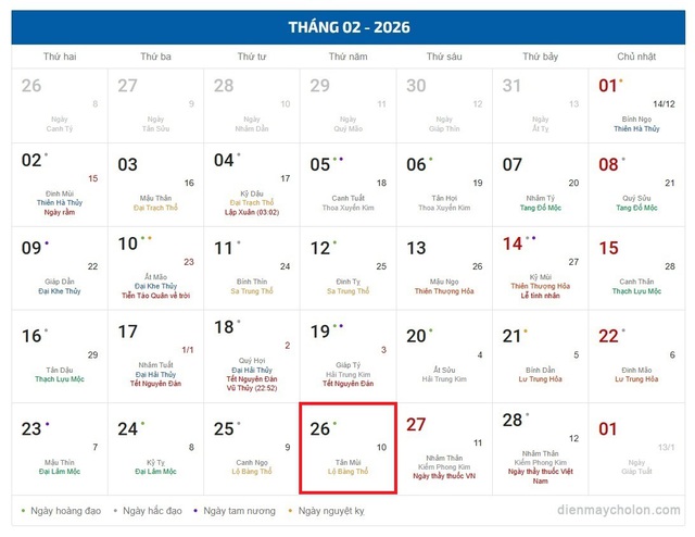 Lịch âm 26/2 - Âm lịch hôm nay 26/2 - Lịch vạn niên ngày 26/2/2026- Ảnh 1.