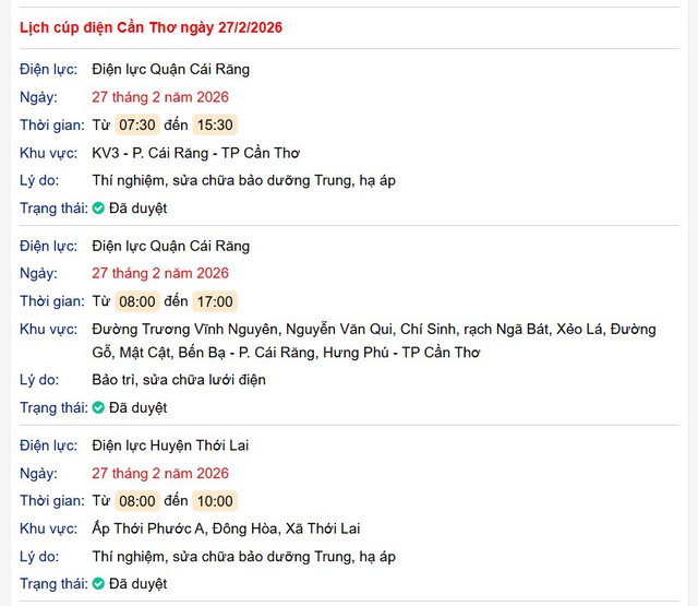 Tra cứu lịch cúp điện Cần Thơ hôm nay Thứ 6 ngày 27/2/2026- Ảnh 1.