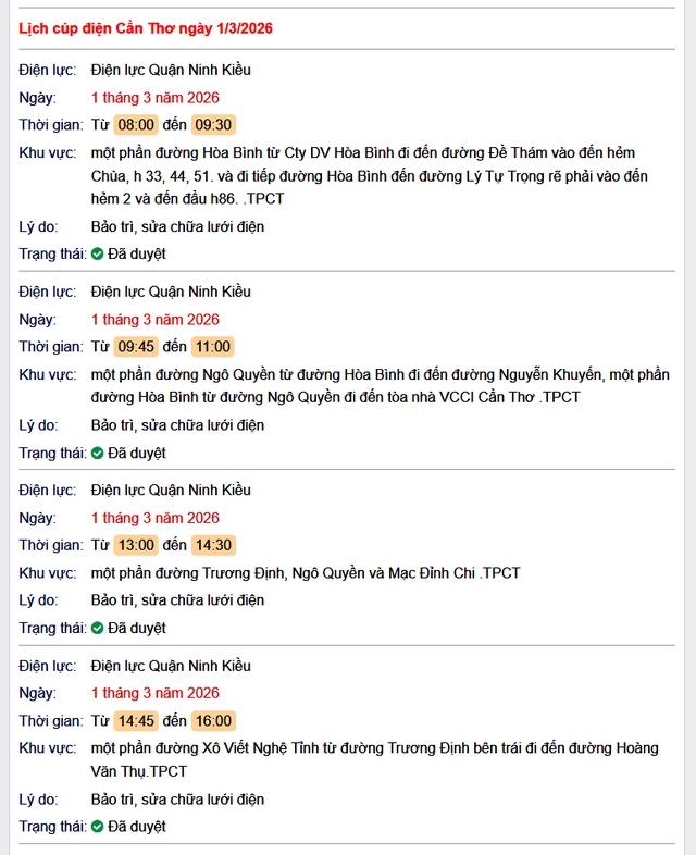 Tra cứu lịch cúp điện Cần Thơ hôm nay Chủ Nhật ngày 1/3/2026- Ảnh 1.