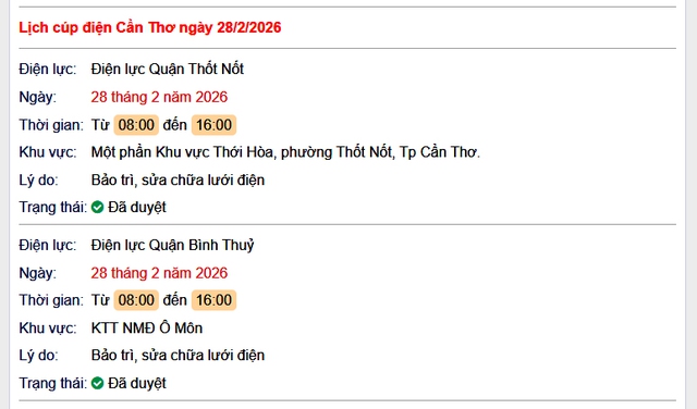 Tra cứu lịch cúp điện Cần Thơ hôm nay Thứ 7 ngày 28/2/2026- Ảnh 1. Tra cứu lịch cúp điện Cần Thơ hôm nay Thứ 7 ngày 28/2/2026- Ảnh 1.