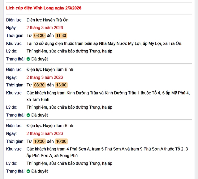 Tra cứu lịch cúp điện Vĩnh Long hôm nay Thứ 2 ngày 2/3/2026- Ảnh 1.