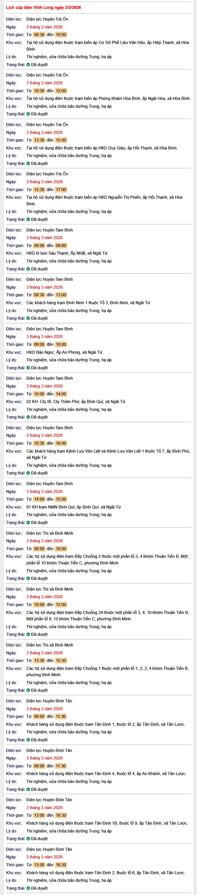Tra cứu lịch cúp điện Vĩnh Long hôm nay Thứ 3 ngày 3/3/2026- Ảnh 1.