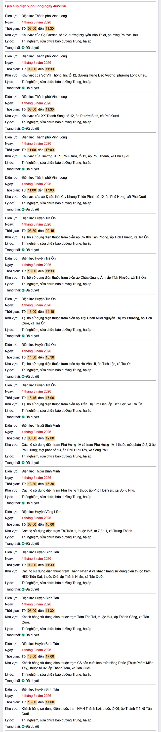 Tra cứu lịch cúp điện Vĩnh Long hôm nay Thứ 4 ngày 4/3/2026- Ảnh 1.