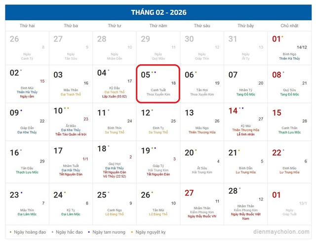 Lịch âm 5/2 - Âm lịch hôm nay 5/2 - Lịch vạn niên ngày 5/2/2026- Ảnh 1.
