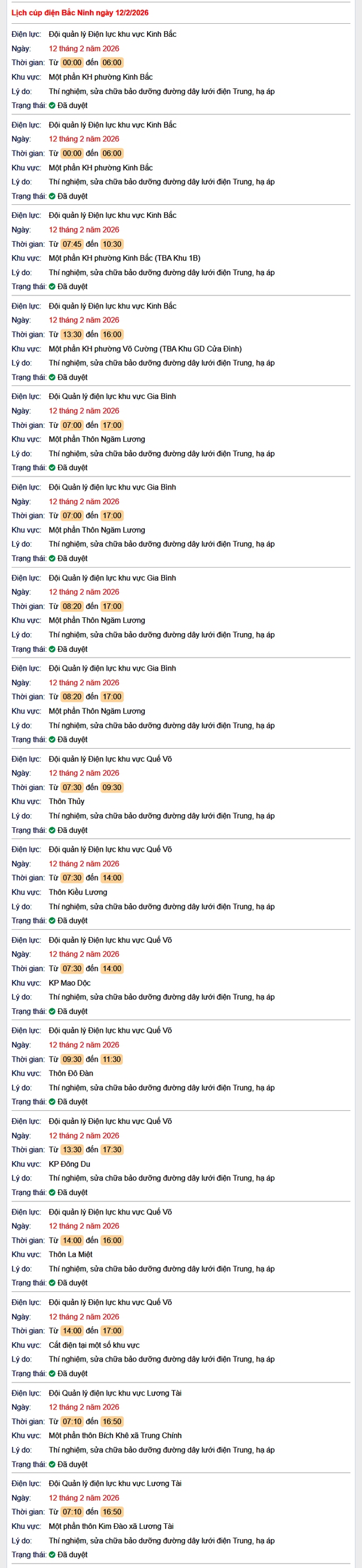Tra cứu lịch cắt điện Bắc Ninh hôm nay Thứ 5 ngày 12/2/2026- Ảnh 1. Tra cứu lịch cắt điện Bắc Ninh hôm nay Thứ 5 ngày 12/2/2026- Ảnh 1.