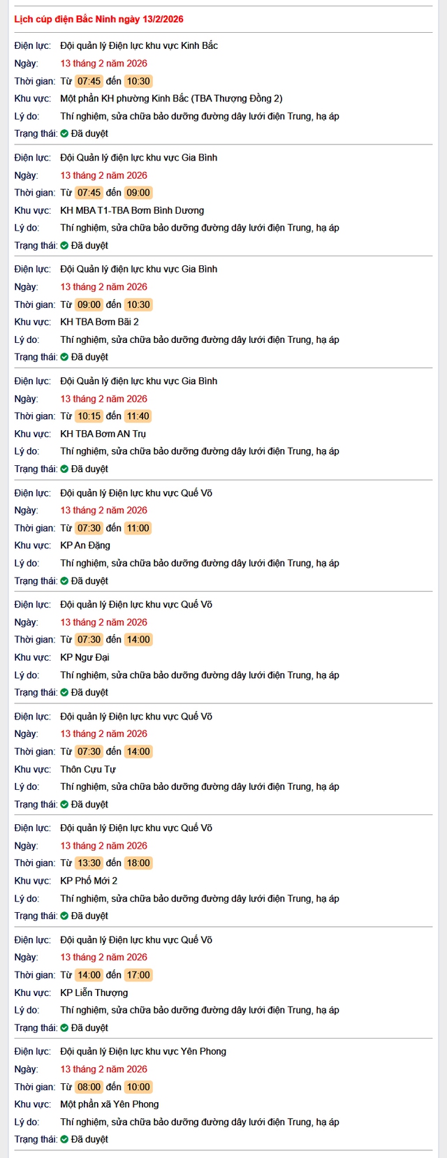 Tra cứu lịch cắt điện Bắc Ninh hôm nay Thứ 6 ngày 13/2/2026- Ảnh 1.