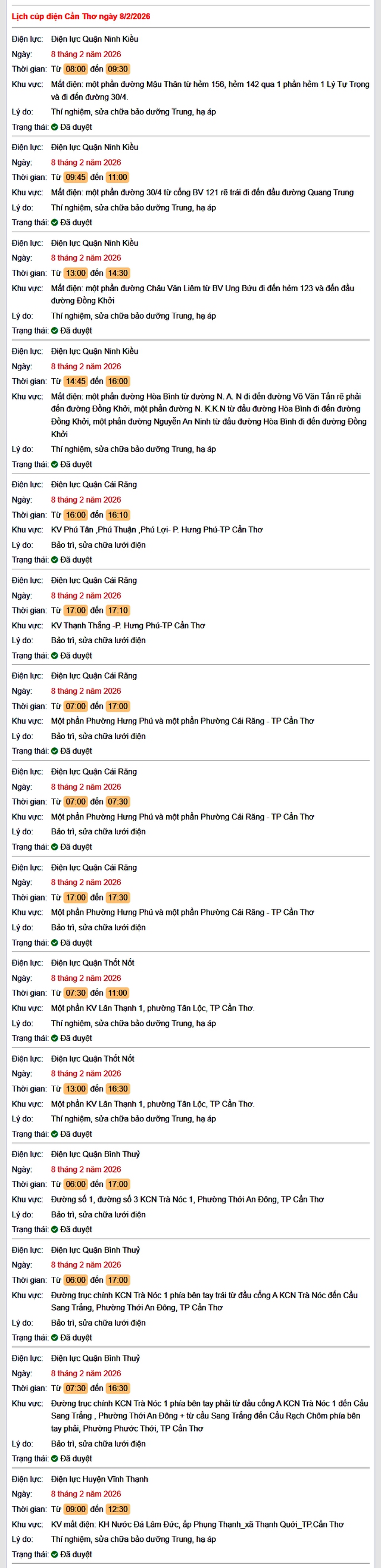 Tra cứu lịch cúp điện Cần Thơ hôm nay Chủ Nhật ngày 8/2/2026- Ảnh 1.