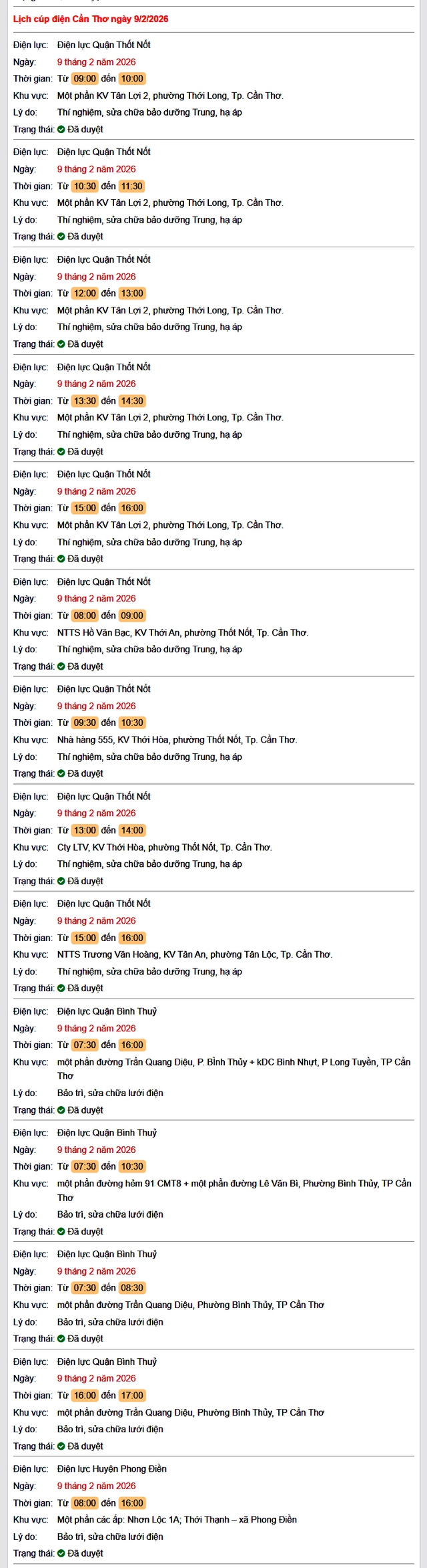 Tra cứu lịch cúp điện Cần Thơ hôm nay Thứ 2 ngày 9/2/2026- Ảnh 1.