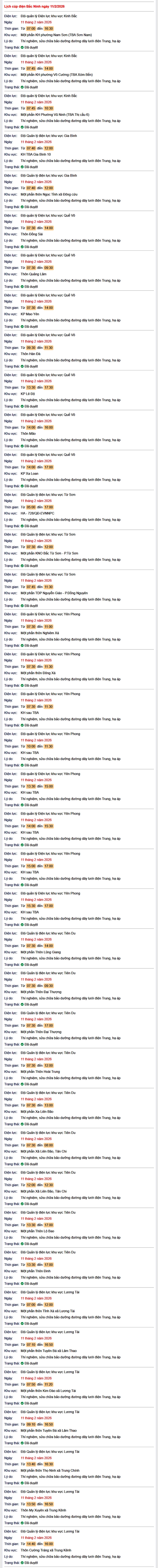 Tra cứu lịch cắt điện Bắc Ninh hôm nay Thứ 4 ngày 11/2/2026- Ảnh 1. Tra cứu lịch cắt điện Bắc Ninh hôm nay Thứ 4 ngày 11/2/2026- Ảnh 1.