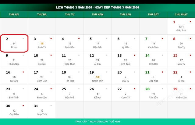 Lịch âm 2/3 - Âm lịch hôm nay 2/3 - Lịch vạn niên ngày 2/3/2026- Ảnh 1.