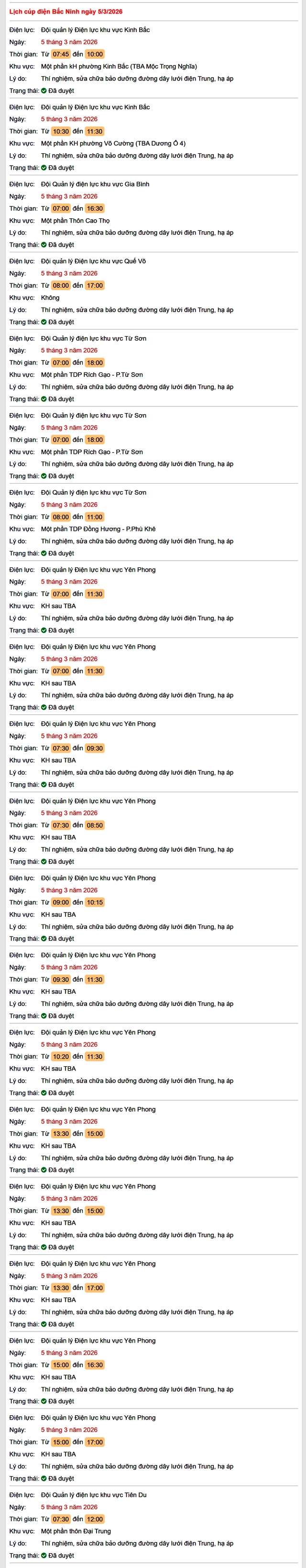 Tra cứu lịch cắt điện Bắc Ninh hôm nay Thứ 5 ngày 5/3/2026- Ảnh 1.
