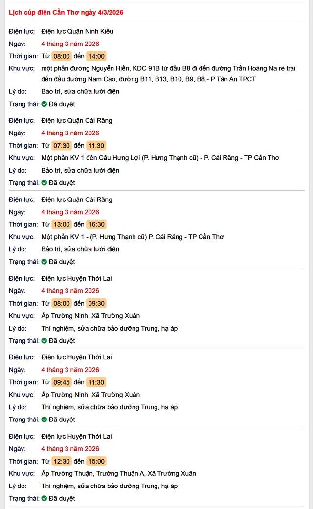 Tra cứu lịch cúp điện Cần Thơ hôm nay Thứ 4 ngày 4/3/2026- Ảnh 1.