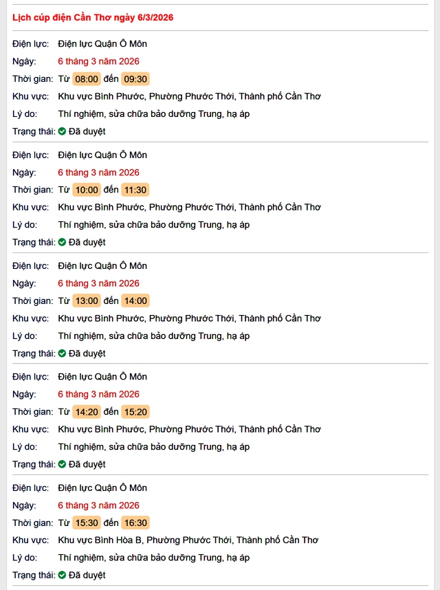 Tra cứu lịch cúp điện Cần Thơ hôm nay Thứ 6 ngày 6/3/2026- Ảnh 1.