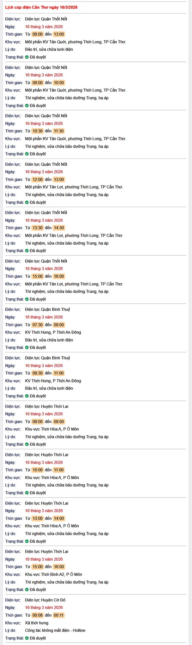 Tra cứu lịch cúp điện Cần Thơ hôm nay Thứ 2 ngày 16/3/2026- Ảnh 1.