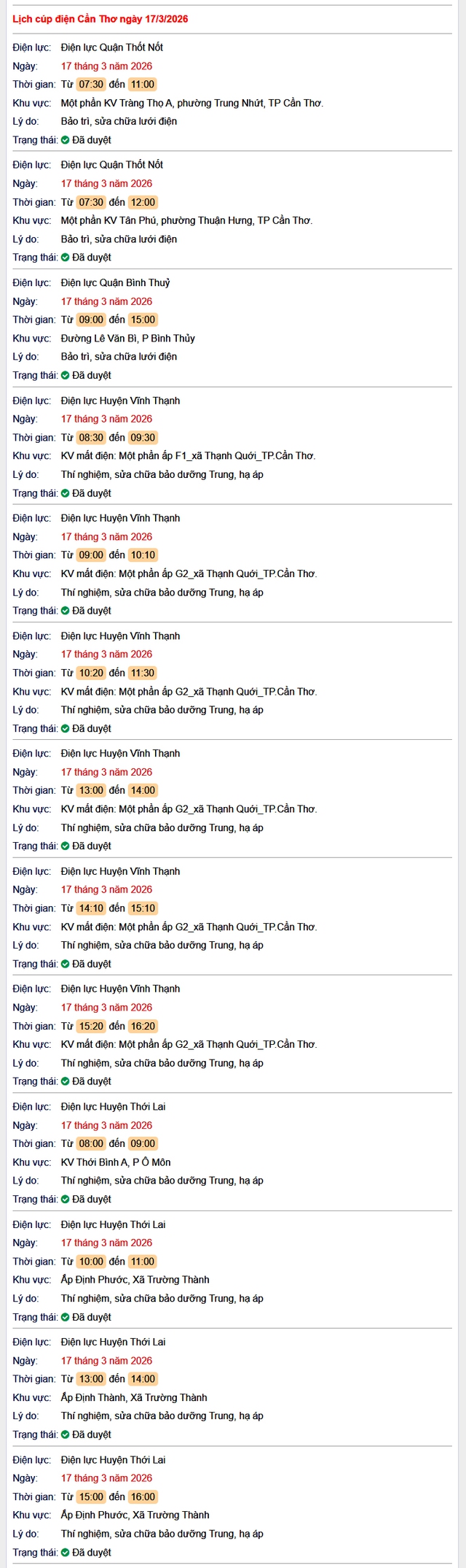 Tra cứu lịch cúp điện Cần Thơ hôm nay Thứ 3 ngày 17/3/2026- Ảnh 1. Tra cứu lịch cúp điện Cần Thơ hôm nay Thứ 3 ngày 17/3/2026- Ảnh 1.