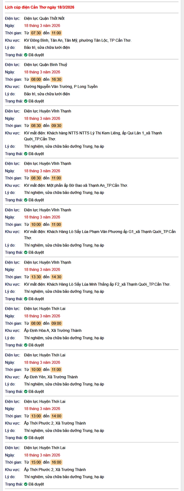 Tra cứu lịch cúp điện Cần Thơ hôm nay Thứ 4 ngày 18/3/2026- Ảnh 1.