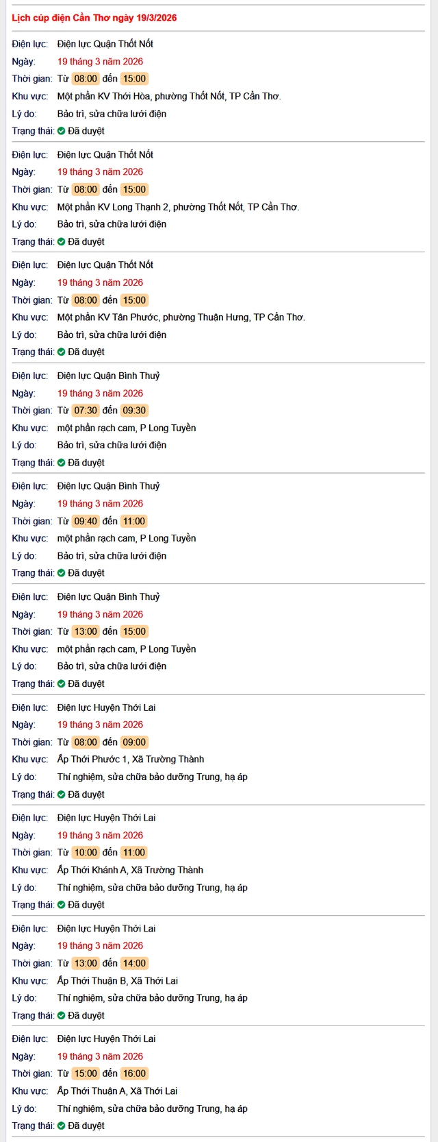 Tra cứu lịch cúp điện Cần Thơ hôm nay Thứ 5 ngày 19/3/2026- Ảnh 1. Tra cứu lịch cúp điện Cần Thơ hôm nay Thứ 5 ngày 19/3/2026- Ảnh 1.