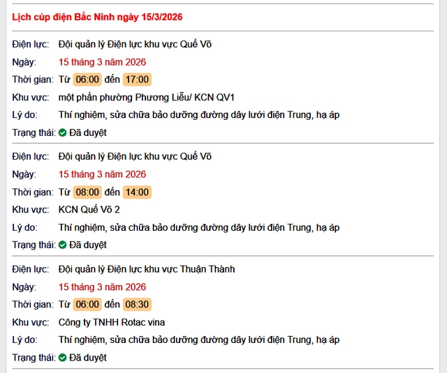 Tra cứu lịch cắt điện Bắc Ninh hôm nay Chủ Nhật ngày 15/3/2026- Ảnh 1. Tra cứu lịch cắt điện Bắc Ninh hôm nay Chủ Nhật ngày 15/3/2026- Ảnh 1.