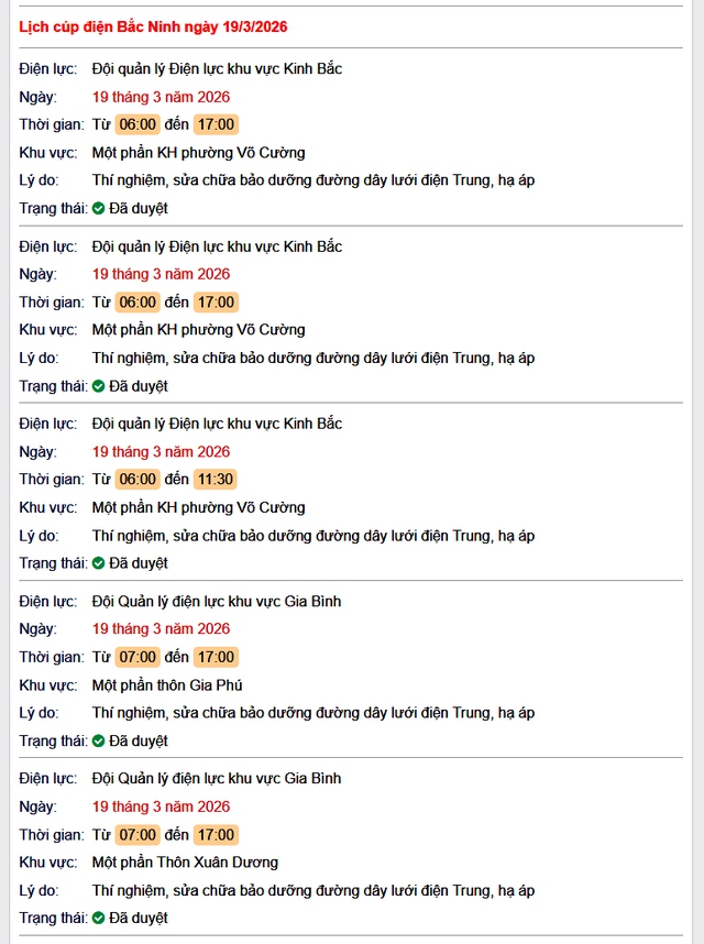 Tra cứu lịch cắt điện Bắc Ninh hôm nay Thứ 5 ngày 19/3/2026- Ảnh 1. Tra cứu lịch cắt điện Bắc Ninh hôm nay Thứ 5 ngày 19/3/2026- Ảnh 1.