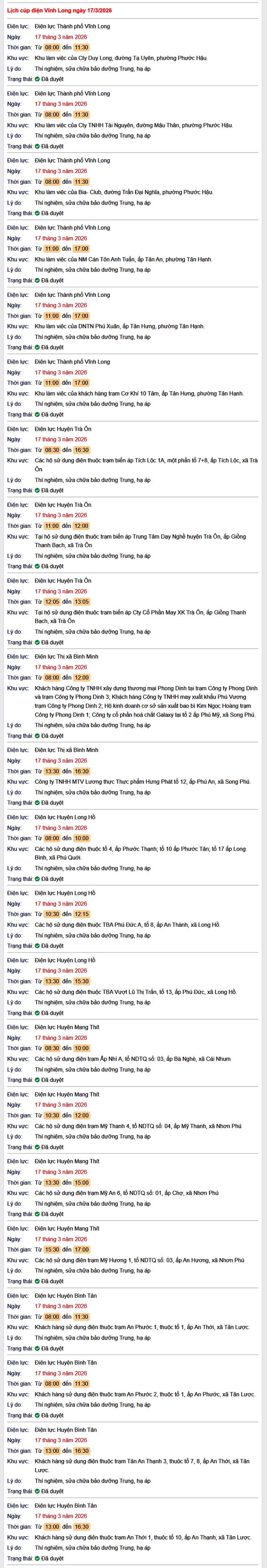 Tra cứu lịch cúp điện Vĩnh Long hôm nay Thứ 3 ngày 17/3/2026- Ảnh 1. Tra cứu lịch cúp điện Vĩnh Long hôm nay Thứ 3 ngày 17/3/2026- Ảnh 1.