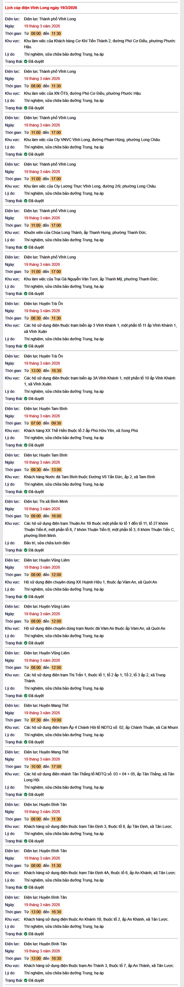 Tra cứu lịch cúp điện Vĩnh Long hôm nay Thứ 5 ngày 19/3/2026- Ảnh 1.
