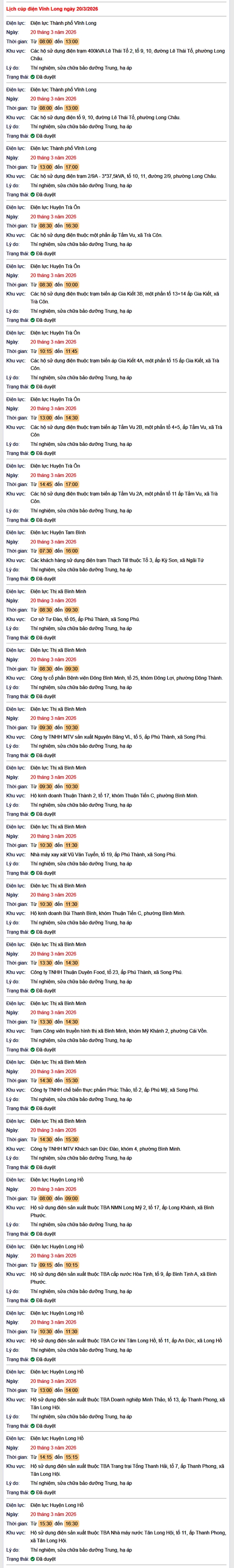 Tra cứu lịch cúp điện Vĩnh Long hôm nay Thứ 6 ngày 20/3/2026- Ảnh 1. Tra cứu lịch cúp điện Vĩnh Long hôm nay Thứ 6 ngày 20/3/2026- Ảnh 1.