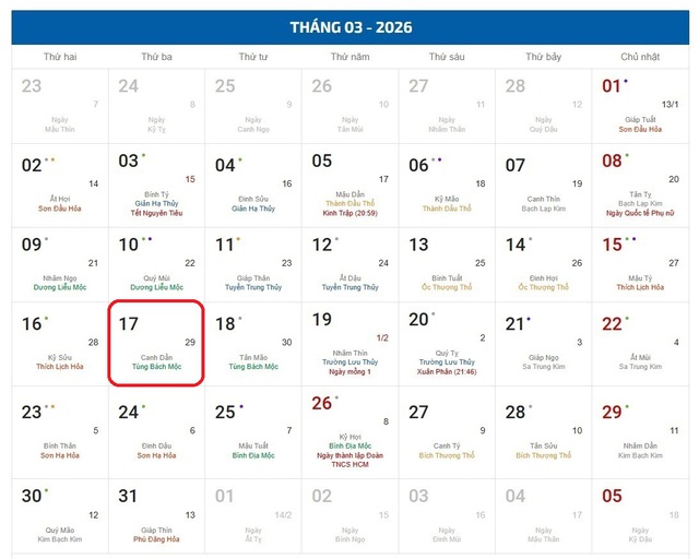 Âm lịch 17/3 - Lịch âm hôm nay 17/3 - Lịch vạn niên ngày 17/3/2026- Ảnh 1.