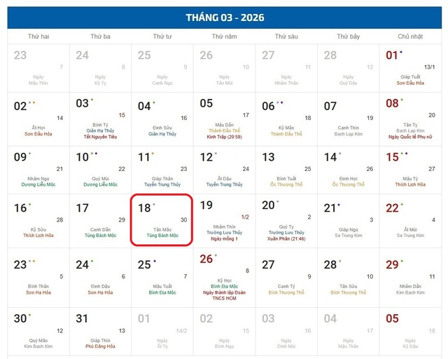 Âm lịch 18/3 - Lịch âm hôm nay 18/3 - Lịch vạn niên ngày 18/3/2026- Ảnh 1. Âm lịch 18/3 - Lịch âm hôm nay 18/3 - Lịch vạn niên ngày 18/3/2026- Ảnh 1.