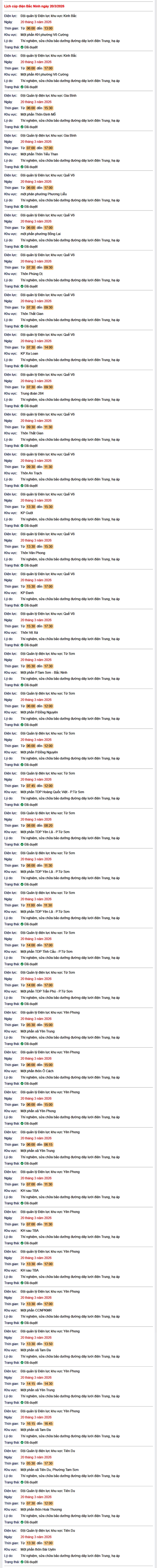 Tra cứu lịch cắt điện Bắc Ninh hôm nay Thứ 6 ngày 20/3/2026- Ảnh 1. Tra cứu lịch cắt điện Bắc Ninh hôm nay Thứ 6 ngày 20/3/2026- Ảnh 1.