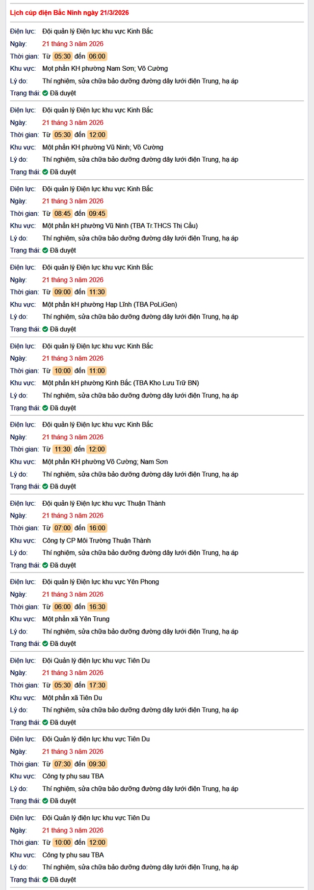 Tra cứu lịch cắt điện Bắc Ninh hôm nay Thứ 7 ngày 21/3/2026- Ảnh 1. Tra cứu lịch cắt điện Bắc Ninh hôm nay Thứ 7 ngày 21/3/2026- Ảnh 1.