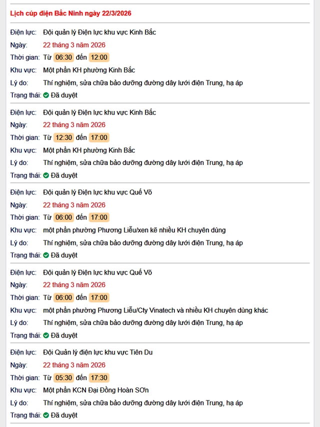 Tra cứu lịch cắt điện Bắc Ninh hôm nay Chủ Nhật ngày 22/3/2026- Ảnh 1.