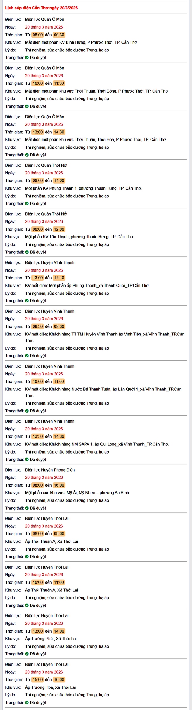 Tra cứu lịch cúp điện Cần Thơ hôm nay Thứ 6 ngày 20/3/2026- Ảnh 1.