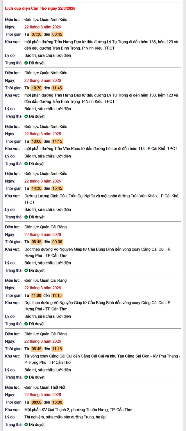 Tra cứu lịch cúp điện Cần Thơ hôm nay Chủ Nhật ngày 22/3/2026- Ảnh 1.