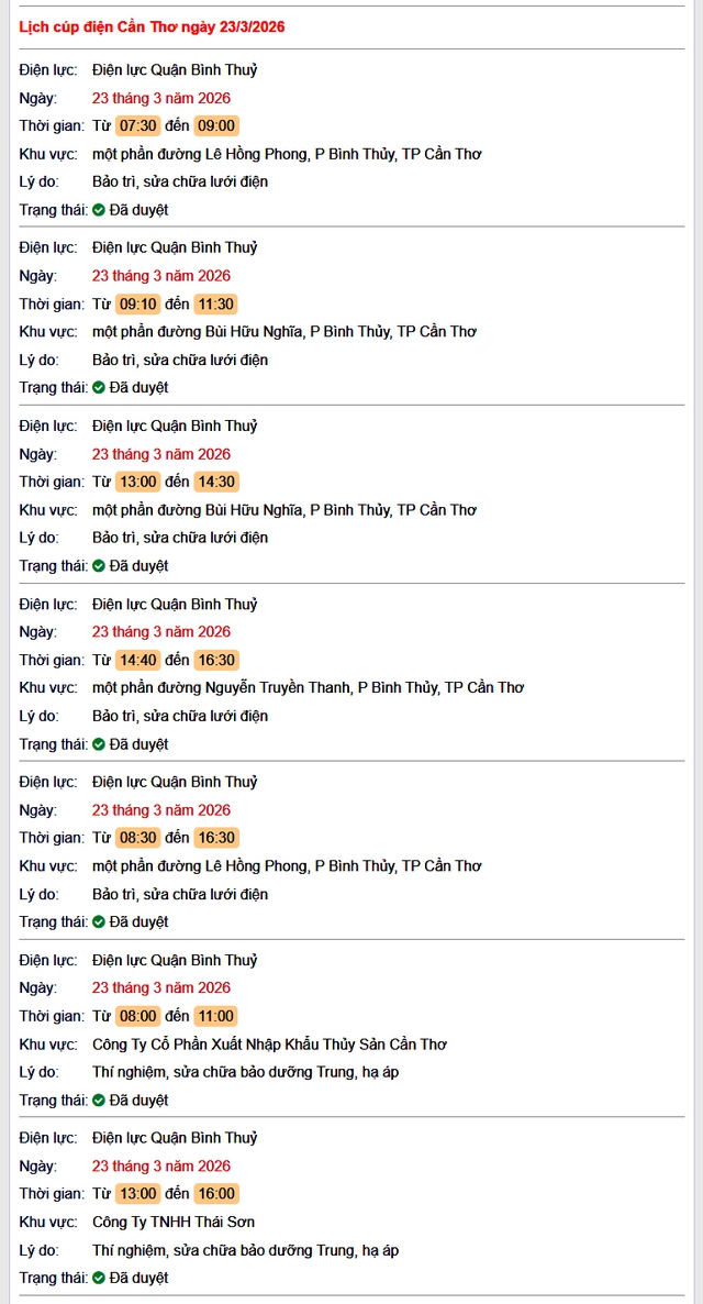 Tra cứu lịch cúp điện Cần Thơ hôm nay Thứ 2 ngày 23/3/2026- Ảnh 1.