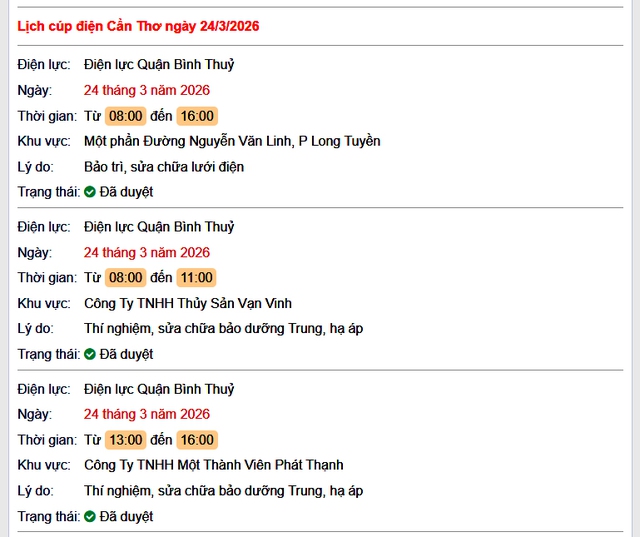 Tra cứu lịch cúp điện Cần Thơ hôm nay Thứ 3 ngày 24/3/2026- Ảnh 1.