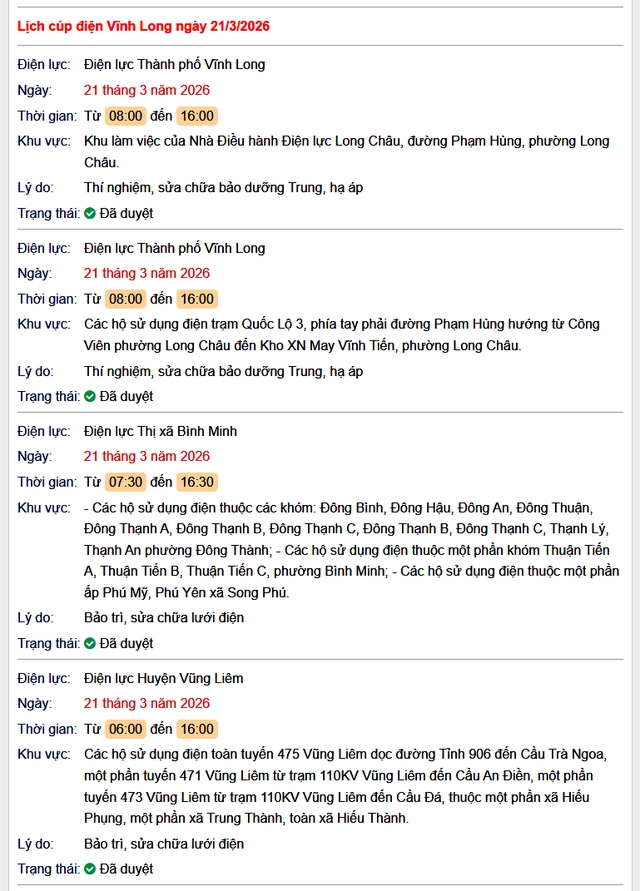 Tra cứu lịch cúp điện Vĩnh Long hôm nay Thứ 7 ngày 21/3/2026- Ảnh 1. Tra cứu lịch cúp điện Vĩnh Long hôm nay Thứ 7 ngày 21/3/2026- Ảnh 1.