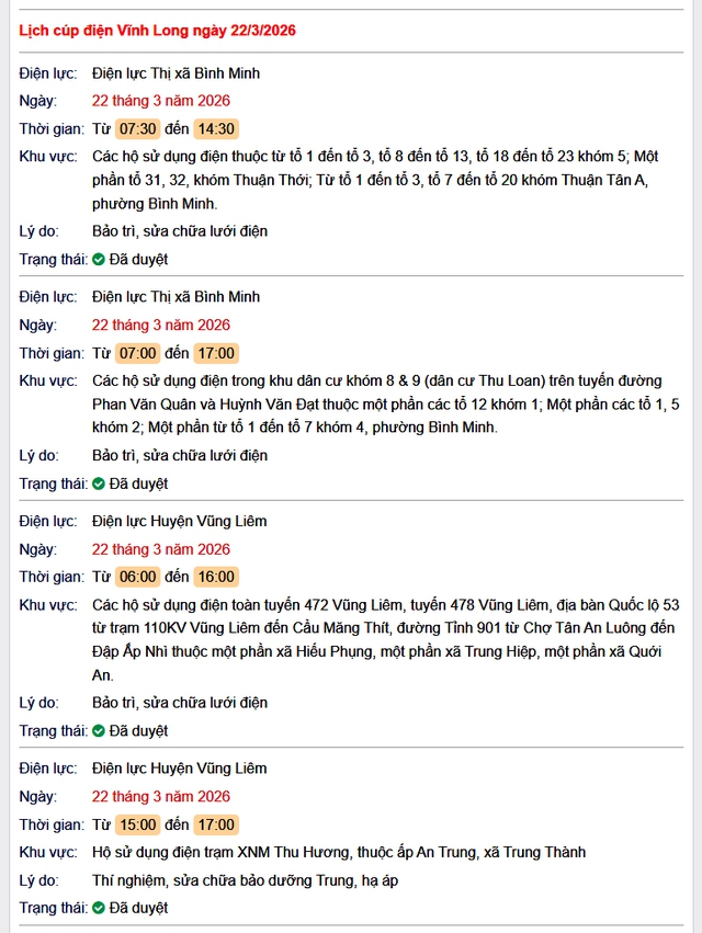 Tra cứu lịch cúp điện Vĩnh Long hôm nay Chủ Nhật ngày 22/3/2026- Ảnh 1. Tra cứu lịch cúp điện Vĩnh Long hôm nay Chủ Nhật ngày 22/3/2026- Ảnh 1.