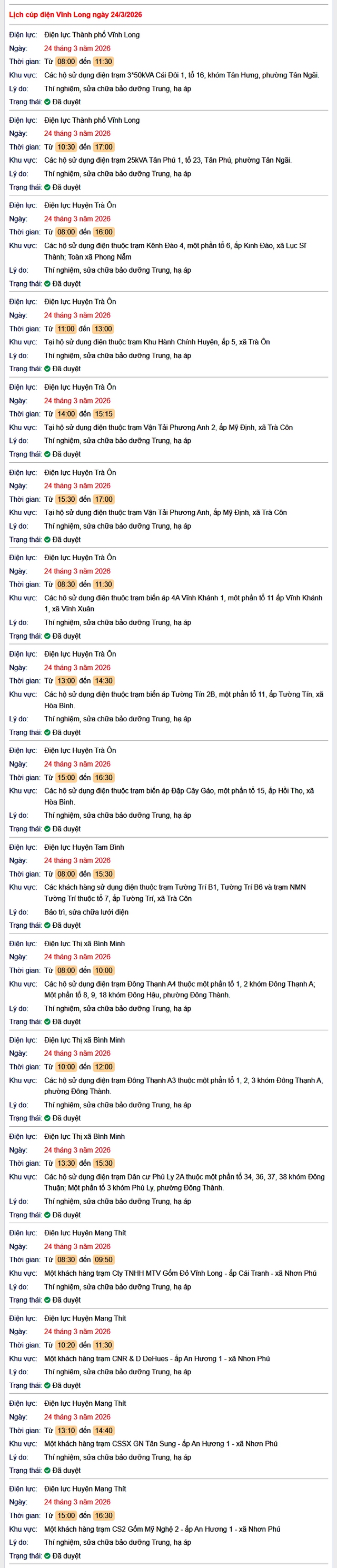 Tra cứu lịch cúp điện Vĩnh Long hôm nay Thứ 3 ngày 24/3/2026- Ảnh 1.