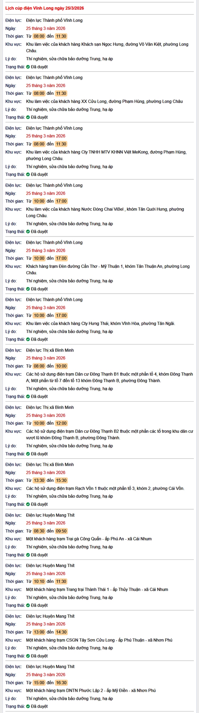 Tra cứu lịch cúp điện Vĩnh Long hôm nay Thứ 4 ngày 25/3/2026- Ảnh 1.