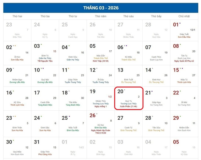 Âm lịch 20/3 - Lịch âm hôm nay 20/3 - Lịch vạn niên ngày 20/3/2026- Ảnh 1.