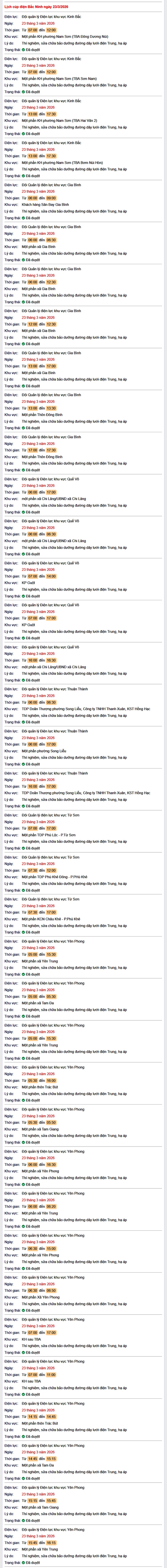 Tra cứu lịch cắt điện Bắc Ninh hôm nay Thứ 2 ngày 23/3/2026- Ảnh 1.