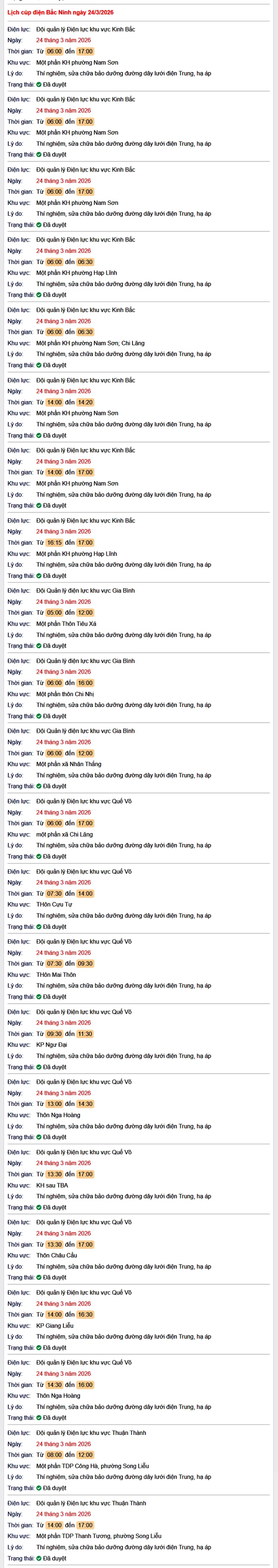 Tra cứu lịch cắt điện Bắc Ninh hôm nay Thứ 3 ngày 24/3/2026- Ảnh 1.